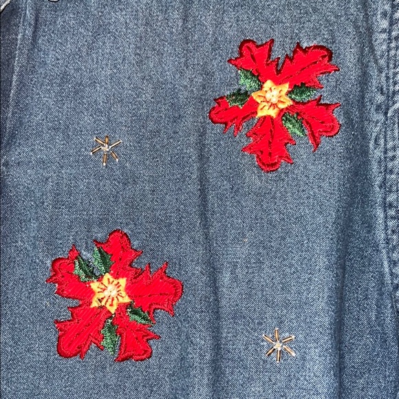 Vintage Jean Shirt • Denim Button-Up Shirt with Holiday Embroidery • Christmas - Picture 8 of 11